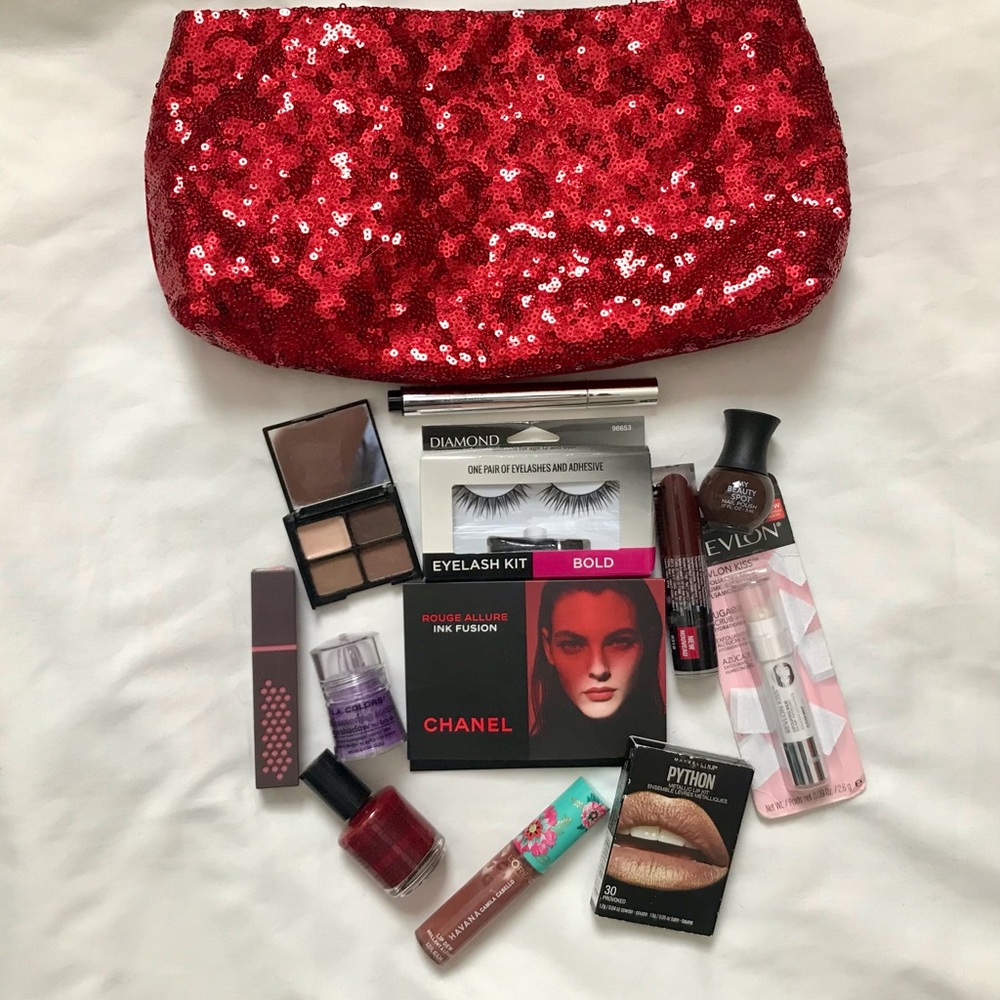 CHANEL, BURT'S BEE'S, No.7, REVLON, ETC., ALL IN RED & VELVET SEQUINED HANDBAG